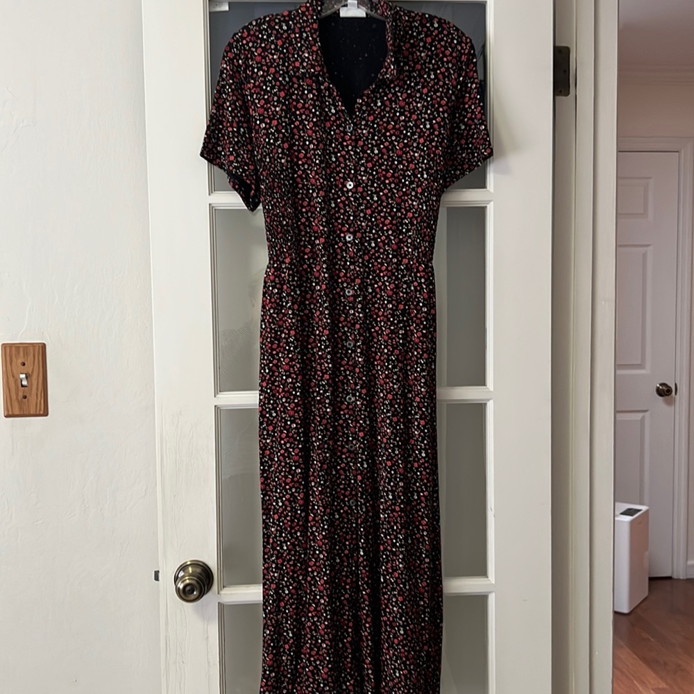 Maxi black and pink ditsy print dress